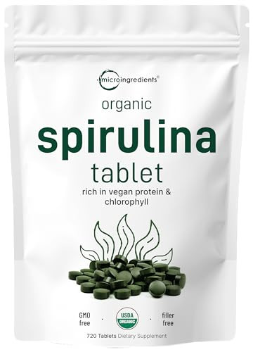 Micro Ingredients Organic Spirulina Supplement, 720 Tablets (4 Month Supply), No Filler & Non-GMO, Rich in Vegan Protein, Vitamins & Prebiotics, Prem
