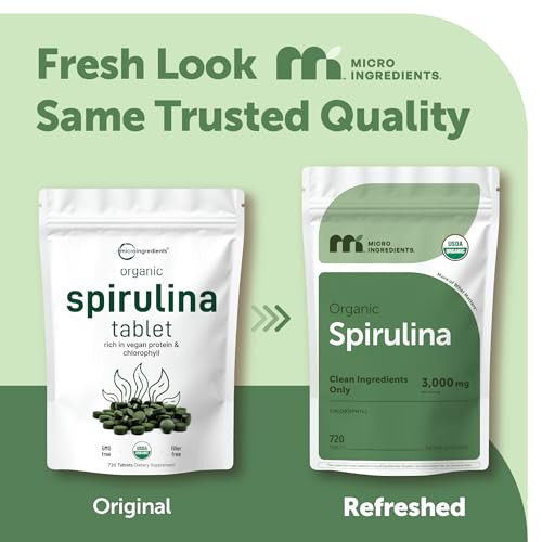 Micro Ingredients Organic Spirulina Supplement, 720 Tablets (4 Month Supply), No Filler & Non-GMO, Rich in Vegan Protein, Vitamins & Prebiotics, Prem