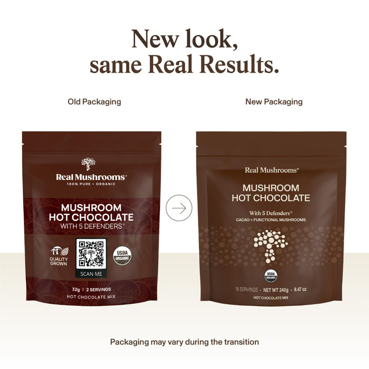 Real Mushrooms Organic Hot Chocolate Mix with Reishi, Turkey Tail, Chaga, Shiitake, Maitake  Cacao Powder Organic Mushroom 5 Defenders Mushroom Cac
