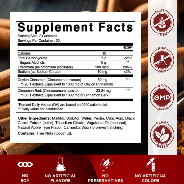 Vitamatic Sugar-Free Chromium Gummies with Ceylon Cinnamon  2000 mg Equivalent Per Serving (from Extract 83 mg)  Non-GMO, Gluten-Free  60 Vegan Gu