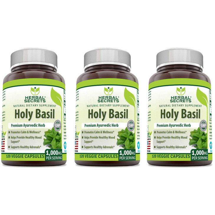 Herbal Secrets Holy Basil 1000 Mg Per Serving Supplement | Veggie Capsules | Non-GMO | Gluten Free | Made in USA (120 Count | 3 Pack)