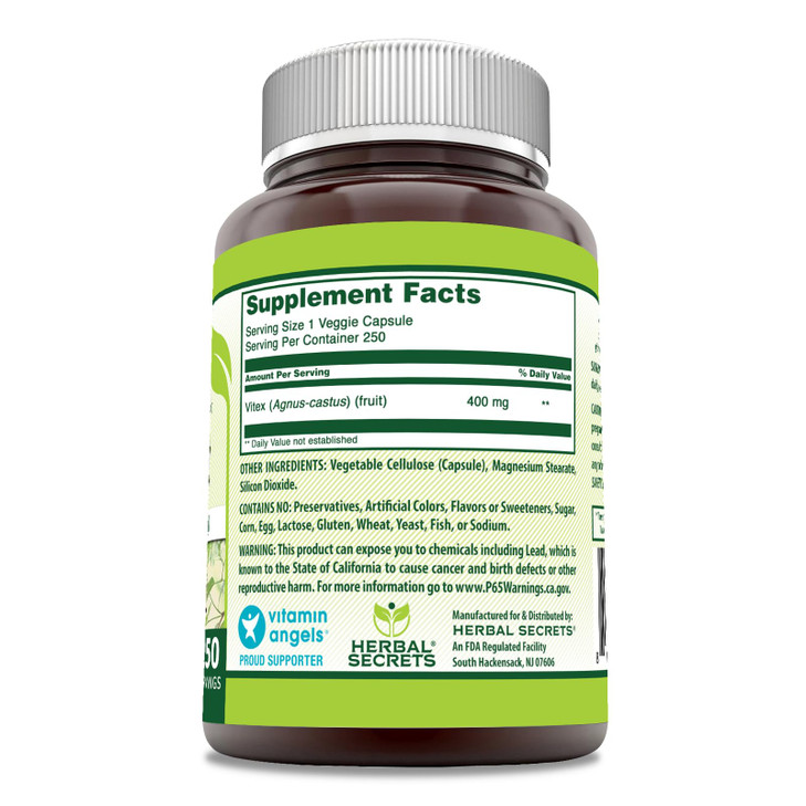 Herbal Secrets Vitex Fruit 400 mg 250 Veggie Capsules Supplement | Non-GMO | Gluten Free | Made in USA