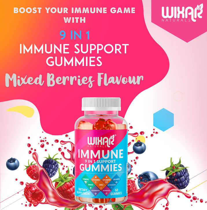 WIXAR NATURALS 9 in 1 Immune Support Gummies with Elderberry, Vitamin C&D, Zinc, Turmeric, Ginger, Echinacea, Astragalus & Sea Moss for Immunity Supp