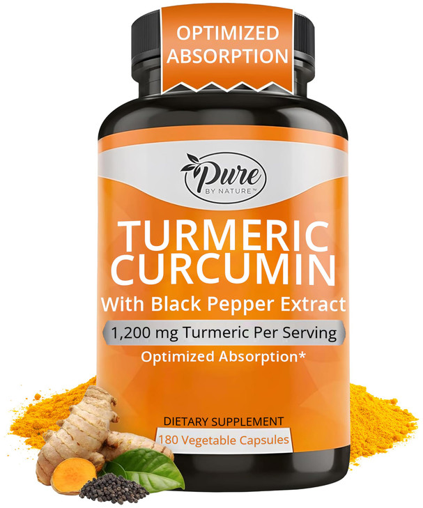 Pure By Nature Turmeric Curcumin with Black Pepper Extract 10 mg Capsules, 1200 mg per Serving, Organic, High Absorption Antioxidant Support (180 Cou