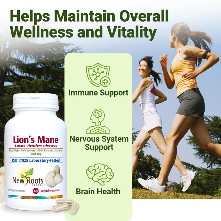 NEW ROOTS HERBAL Lions Mane Supplement Capsules | 500mg Lion's Mane Mushroom Concentrated Hot-Water Extract | Memory, Focus & Immune Support Suppleme