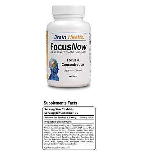 Focus Now - 100% Natural Dietary Supplement - Supports a Healthy Level of Focus, Concentration & Memory - 60 Brain Tablets