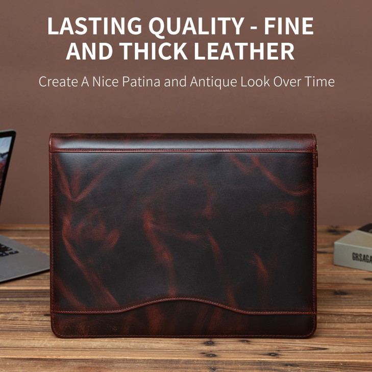 YIWEN Handmade Leather 3 Ring Binder Portfolio with Front Pocket, Zippered Padfolio for 8.5 x 11 Notepad and 13" Tablet, Professional Business Trave