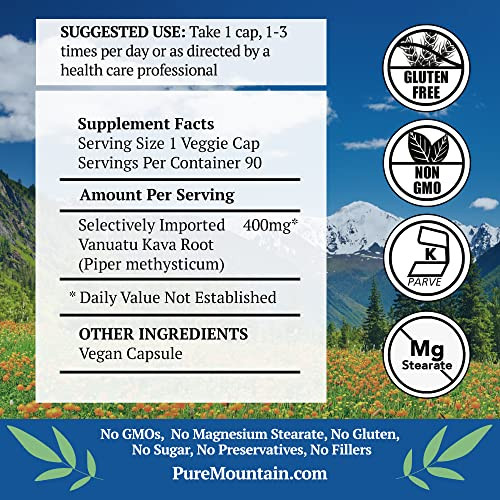 Pure Mountain Botanicals Kava Kava Capsules - 90 Kosher Vegan Caps with 400mg Wild Vanuatu Kava Root Extract