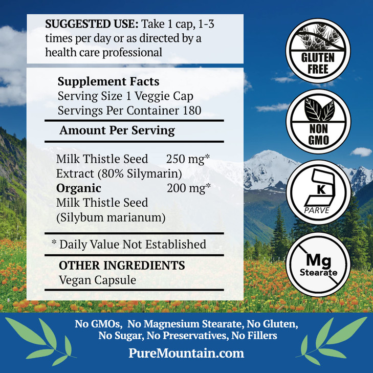 Pure Mountain Botanicals High Potency Milk Thistle -180 Kosher Vegan Capsules with 450mg Organic Milk Thistle Seed and Extract