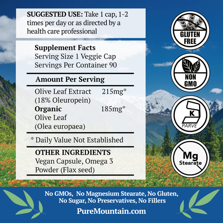 Pure Mountain Botanicals Olive Leaf Extract Capsules - Kosher Vegan Caps Now with 400mg Organic Olive Leaf and Potent Extract Supplement