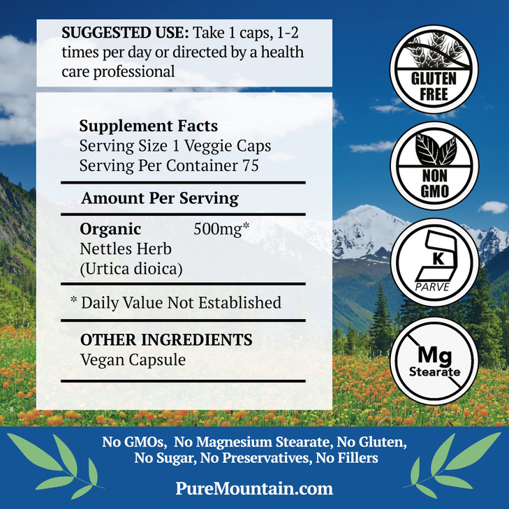 Pure Mountain Botanicals Stinging Nettle Leaf Capsules - Kosher Vegan Nettle Capsules with 500mg Organic Stinging Nettles Leaf