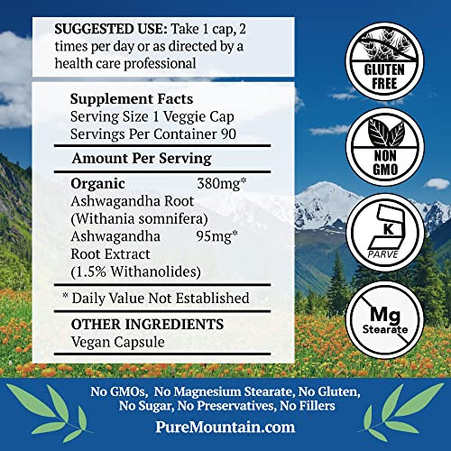 Pure Mountain Botanicals Ashwagandha Capsules - 90 Kosher Vegan Caps with 475mg Organic Ashwagandha Root & Potent Ashwagandha Extract