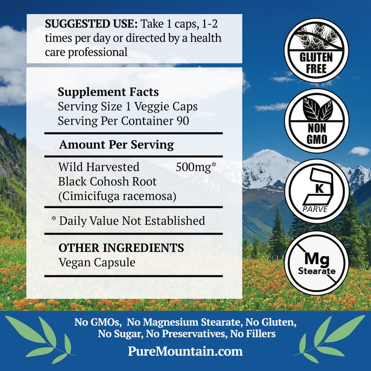 Pure Mountain Botanicals Black Cohosh Capsules - 90 Kosher Vegan Caps - Now with 500mg Wild Black Cohosh Root - Natures Support for Menopause