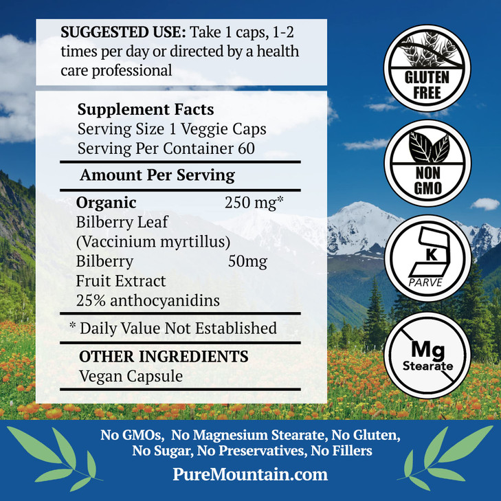 Pure Mountain Botanicals Bilberry Extract Supplement Vegan Kosher Capsules with 250mg Organic Bilberry Leaf & 50mg Potent Extract of Billberries