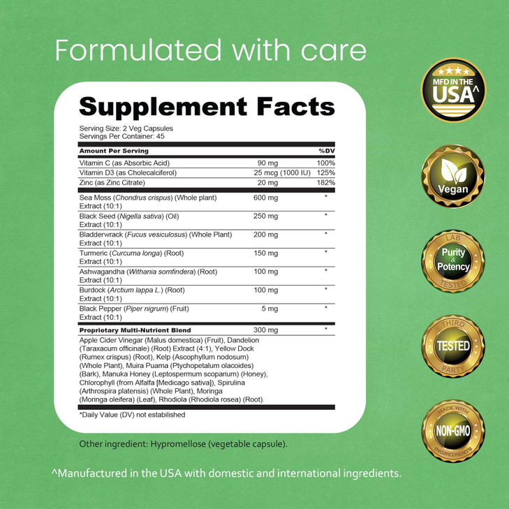 Sea Moss, Black Seed Oil, Bladderwrack, Turmeric, Ashwagandha, Burdock, Vitamin C, D3, Yellow Dock Root, Manuka, Dandelion - 90 Veggie caps