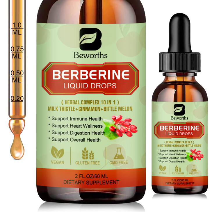 B BEWORTHS Berberine HCL Supplement with Ceylon Cinnamon - Berberine Phytosome Liquid Drops with Turmeric, Ceylon Cinnamon, Bitter Melon, Milk Thistl