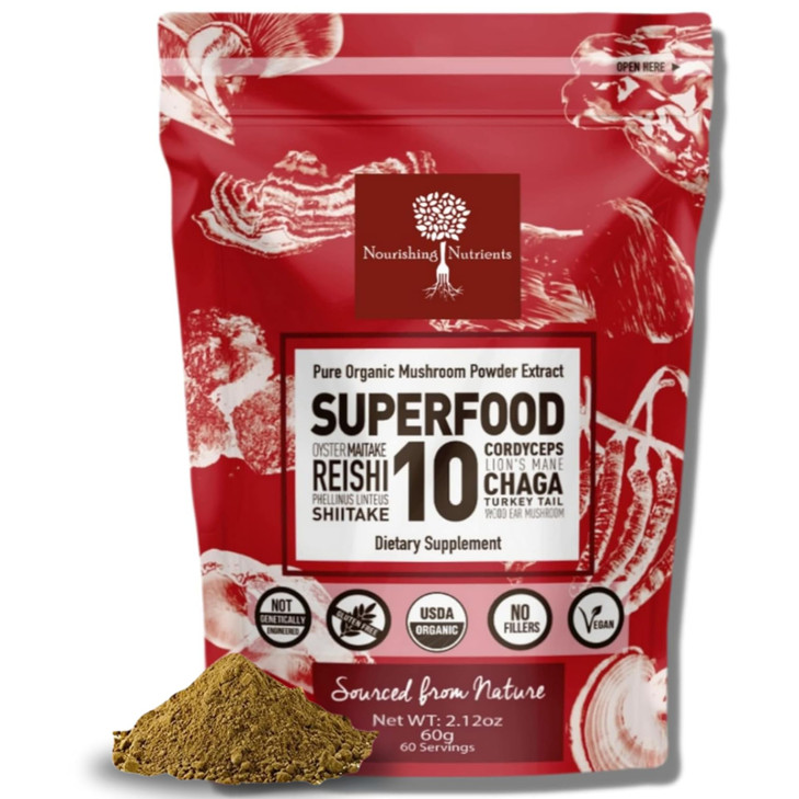 Organic Mushroom Powder Extract -Superfood 10 Supplement 14x Stronger 100% Pure USDA Immunity Booster- Reishi, Chaga, Cordyceps, Shiitake, Lions Mane