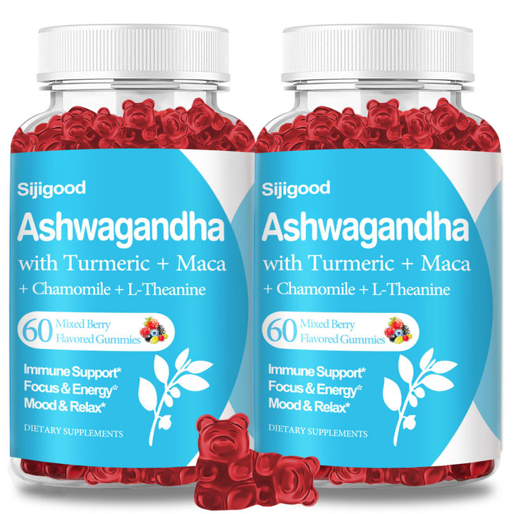 Sijigood 2 Pack Ashwagandha Gummies with L-theanine, Ashwa Root Supplement Gummy for Women Men, 120 Mixed Berry Flavored Gummies