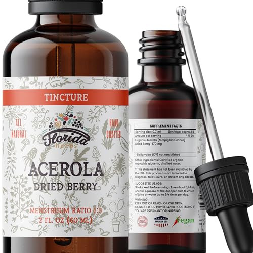 Acerola Tincture (Vitamin C), Organic Acerola Extract (Malpighia Glabra) Dried Berry for Blood, Heart, Arteries, Non-GMO in Cold-Pressed Organic Vege