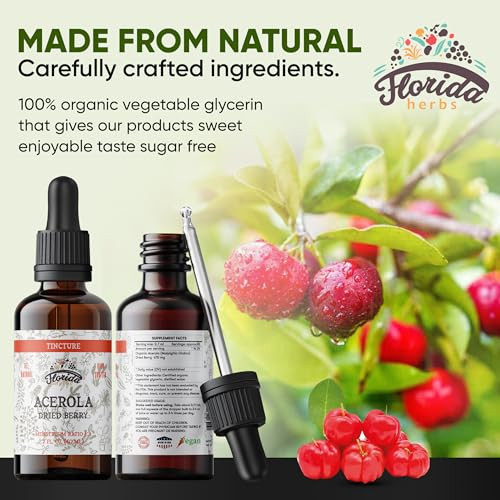 Acerola Tincture (Vitamin C), Organic Acerola Extract (Malpighia Glabra) Dried Berry for Blood, Heart, Arteries, Non-GMO in Cold-Pressed Organic Vege