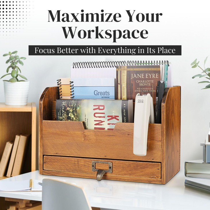 Flexzion 3 Tier Wooden Desk Organizer - Country Rustic Compartments Slot File Tray Pencil Sorter Shelf Holder Supplies Rack Accessories Set with Stor