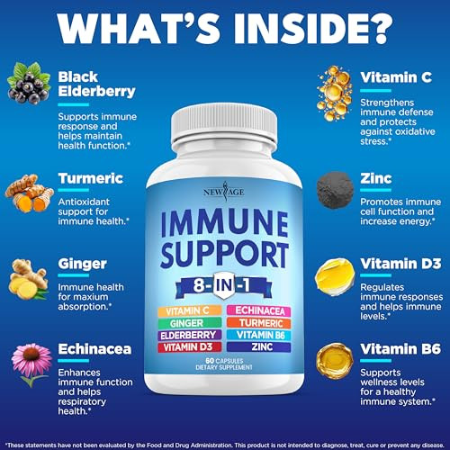 NEW AGE 8 in 1 Immune Support Booster Supplement with Echinacea, Vitamin C and Zinc 50mg, Vitamin D 5000 IU, Turmeric Curcumin & Ginger, B6, Elderber