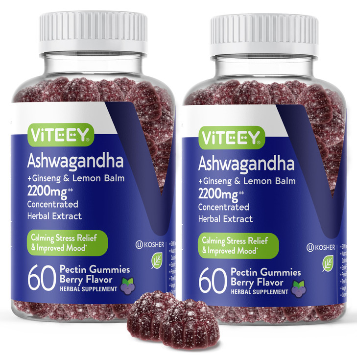 Viteey Ashwagandha Gummies with Ginseng & Lemon Balm - Mood, Calm & Stress Support Ashwagandha Supplements - Vegan, Gluten-Free - 120 Count