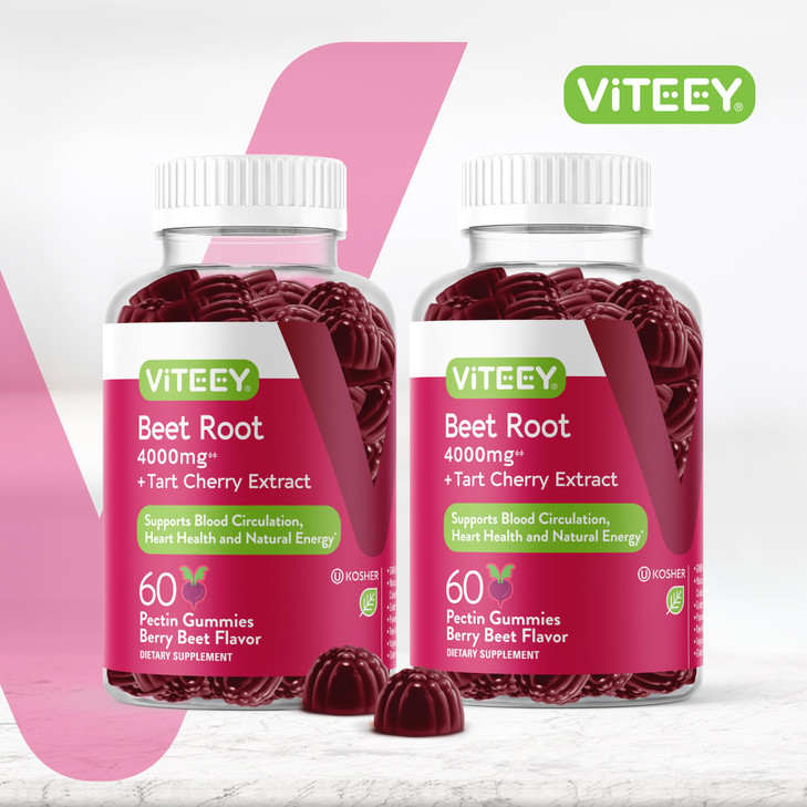 Viteey Beet Root Gummies with Tart Cherry - Beetroot Supplement for Heart Health, Blood Pressure Support - Vegan, Gluten-Free - 120 Count