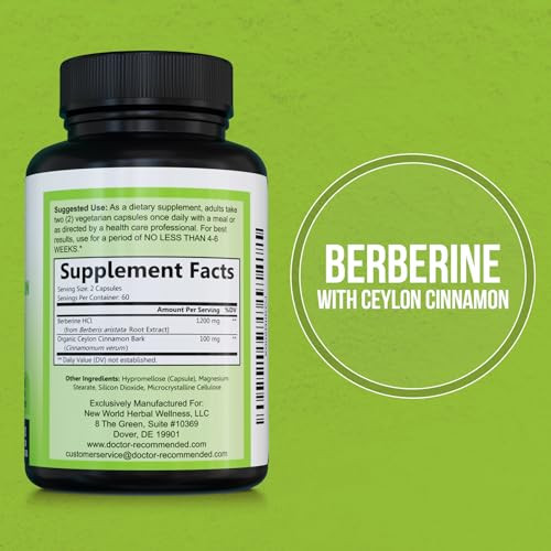 DOCTOR RECOMMENDED SUPPLEMENTS Berberine with Ceylon Cinnamon - 1200mg Berberine & 100mg Organic Ceylon Cinnamon - 120 Veggie Capsules, Healthy Immun