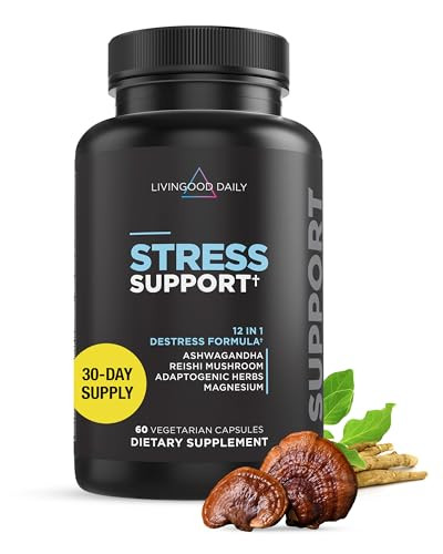 Livingood Daily Stress Support, 12-in-1 Supplement with Ashwagandha, Reishi Mushroom, Vitamin B6, Adaptogenic Herbs & Magnesium, Supports Mood & Calm