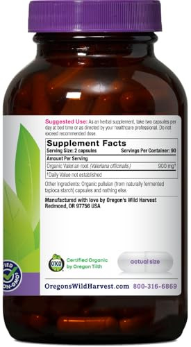 Oregon's Wild Harvest Non-GMO Organic Valerian Capsules Non Habit Forming Herbal Sleep Aid, Melatonin Free, 180Count