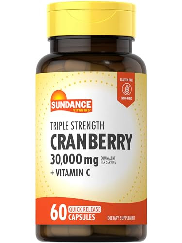 Sundance Cranberry Supplement | 30000mg | 60 Capsules | Plus Vitamin C | Triple Strength | Non-GMO and Gluten Free Formula