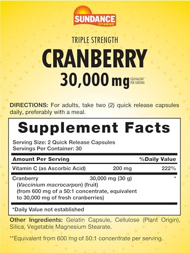 Sundance Cranberry Supplement | 30000mg | 60 Capsules | Plus Vitamin C | Triple Strength | Non-GMO and Gluten Free Formula
