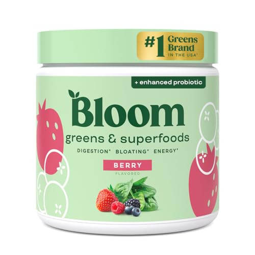 Bloom Nutrition Superfood Greens Powder, Digestive Enzymes with Probiotics and Prebiotics, Gut Health, Bloating Relief for Women, Chlorella, Green Ju