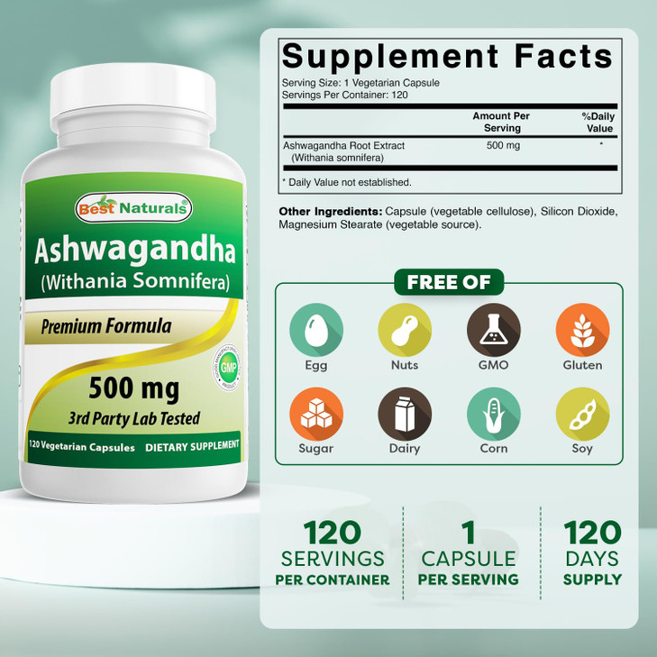 Best Naturals 3 Pack Ashwagandha Capsules for Relaxing Stress and Mood, 500 mg, 120 Count (Total 360 Capsules)
