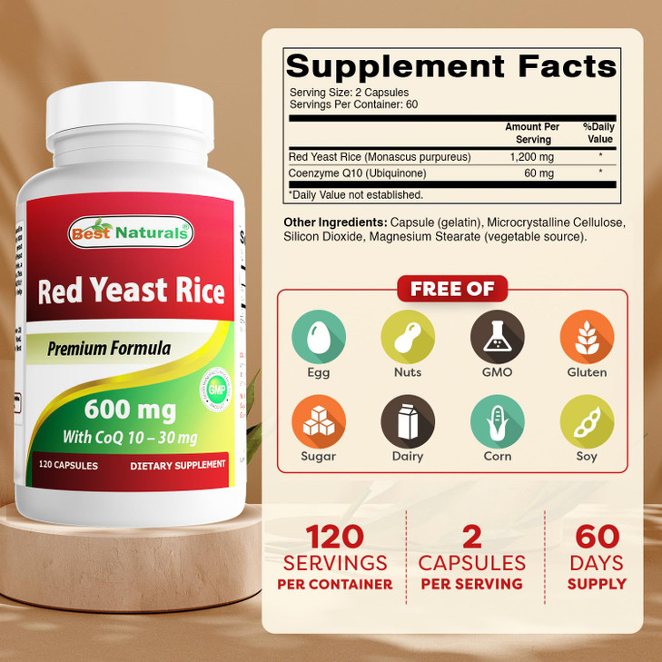 Best Naturals Red Yeast Rice with CoQ10, 120 Capsules - Cardiovascular Formula Contains 600 mg of Red Yeast Rice ans 30 mg of CoQ10