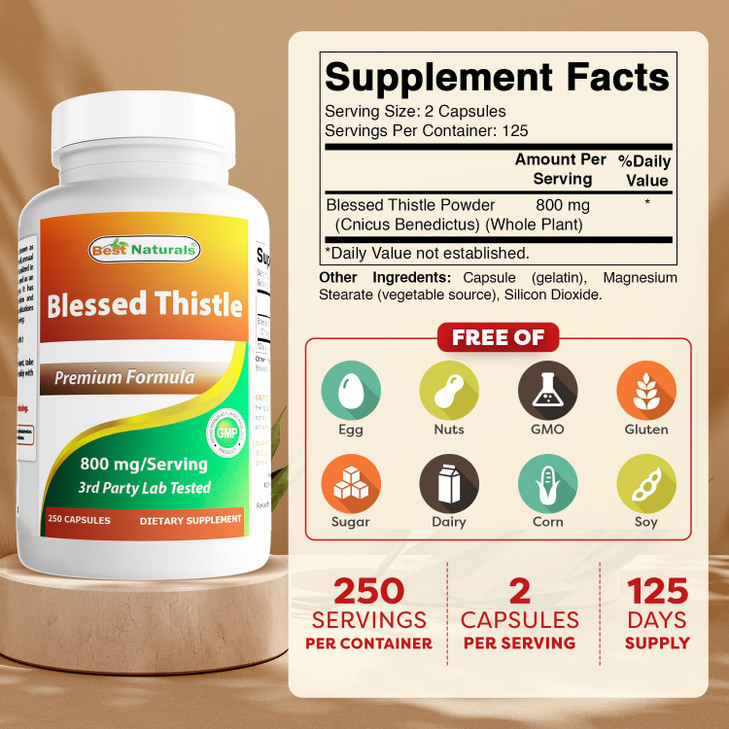 Best Naturals Blessed Thistle Breastfeeding Lactation Capsules - 800mg/Serving - 250 Count