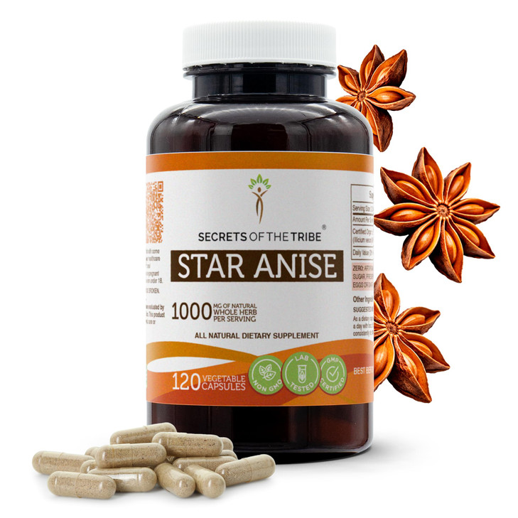 Secrets of the Tribe Star Anise Capsules, 1000 mg, Star Anise (Illicium verum) Dried Seed (120 Count)