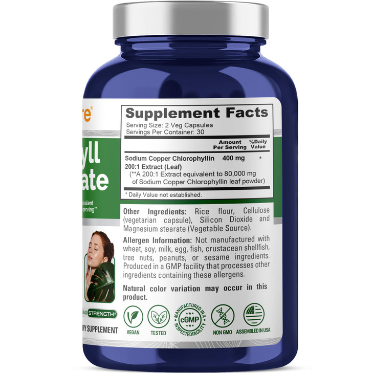 NusaPure Chlorophyll 200:1 Extract, 400 mg Equivalent to 80,000mg 60 Veggie Caps (Equivalent 80000mg per Serving, Non-GMO, Vegan) Sodium Copper Chlor