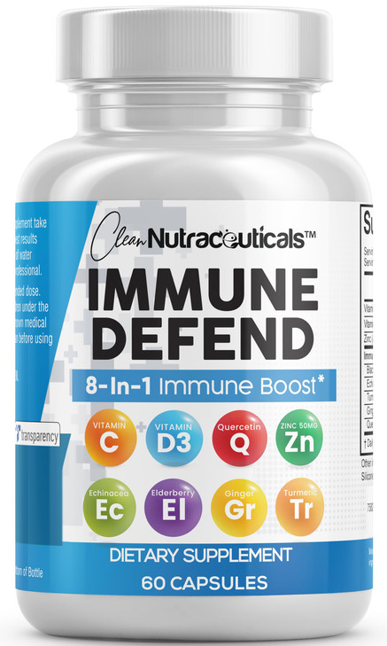 Clean Nutraceuticals Immune Defense Support Supplement 8 in 1 with Zinc 50mg Quercetin, VIT C 1000mg, Vitamin D3 5000 IU, Elderberry, Ginger - Immuni