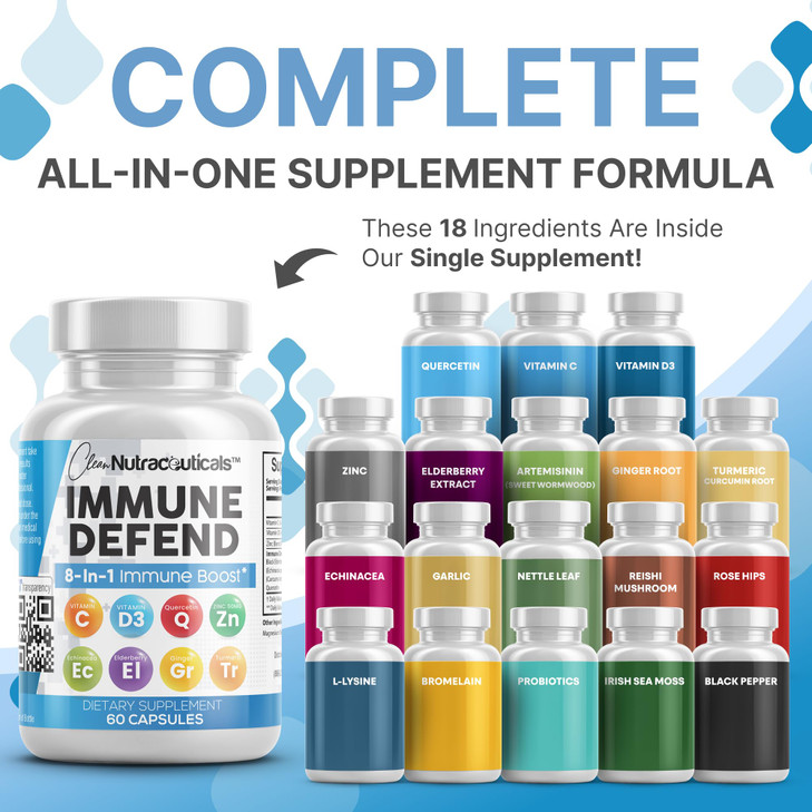 Clean Nutraceuticals Immune Defense Support Supplement 8 in 1 with Zinc 50mg Quercetin, VIT C 1000mg, Vitamin D3 5000 IU, Elderberry, Ginger - Immuni