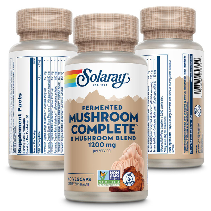 SOLARAY Fermented Mushroom Complete - Organic Chaga, Reishi, Shiitake, Cordyceps, Turkey Tail Mushroom and Lions Mane Supplement Capsules - 8 Mushroo