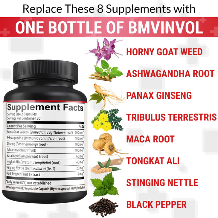 BMVINVOL Horny Goat Weed Capsules with Panax Ginseng, Tribulus, Ashwagandha, Maca, Tongkat Ali, Nettle, Black Pepper - 60 Capsules