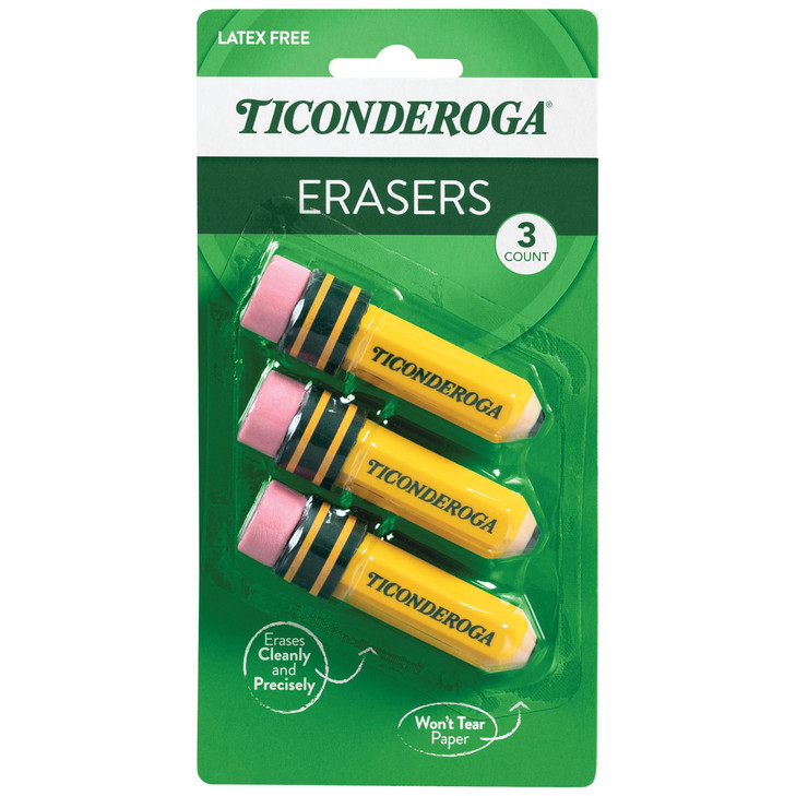 TICONDEROGA ® Erasers, Pencil Shaped, Yellow, 3 ct (38953)