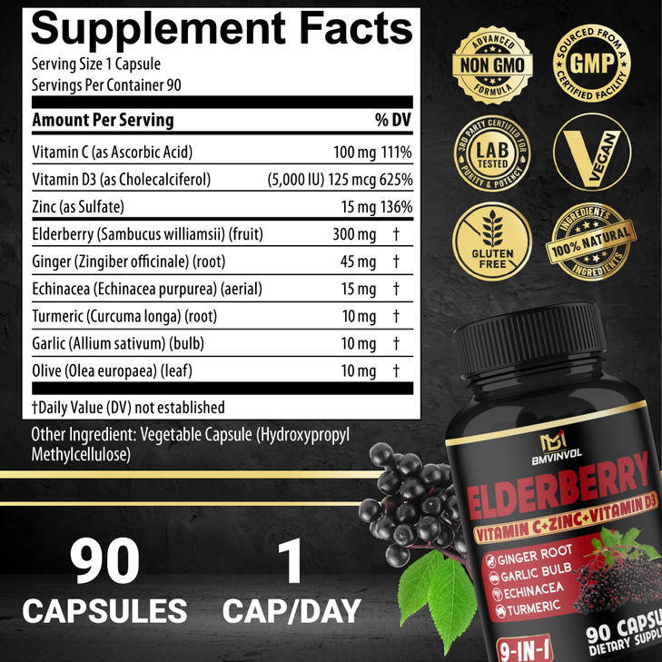 BMVINVOL Elderberry Capsules - 9 in 1 Herbal Supplement for Antioxidant & Immune Support - Enhanced with Vitamin C, VIT.D3, Ginger Root - 3 Month Sup