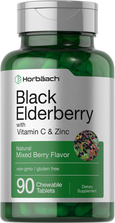 Horbaach Black Elderberry with Vitamin C and Zinc | 90 Chewable Tablets | Mixed Berry Flavor | Immune Support Complex | Vegetarian, Non-GMO, and Glut