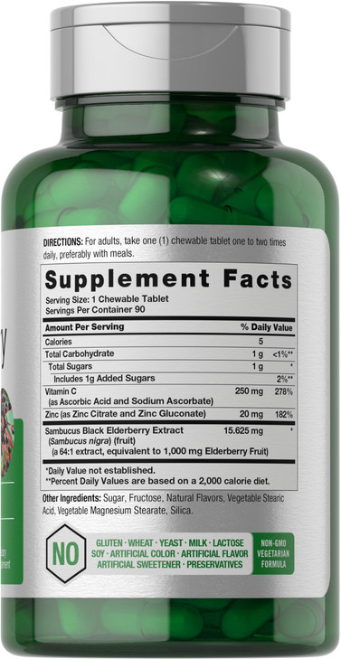 Horbaach Black Elderberry with Vitamin C and Zinc | 90 Chewable Tablets | Mixed Berry Flavor | Immune Support Complex | Vegetarian, Non-GMO, and Glut