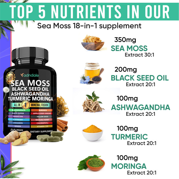 Adndale Sea Moss Black Seed Oil Ashwagandha Ginger Capsules. SeaMoss Capsules with Black Seed Oil, Ashwagandha, Turmeric, Moringa, Bladderwrack, Burd