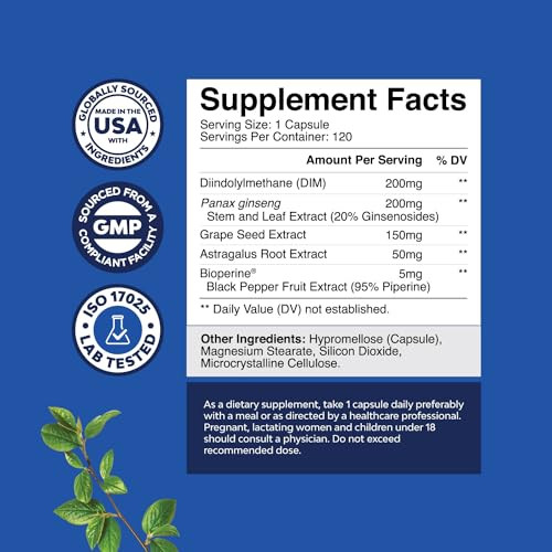 DIM Supplement for Men - DIM Estrogen Blocker for Men for Hormone Balance & Prostate Health - Diindolylmethane Testosterone Complex with Panax Ginsen