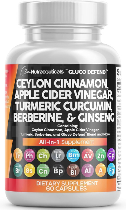 Clean Nutraceuticals Ceylon Cinnamon Capsules + Berberine Turmeric Apple Cider Vinegar Ginseng Bitter Melon Gymnema Milk Thistle Fenugreek Supplement